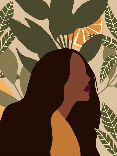 Cartel minimalista boho moderno con retrato de cara de mujer negra hojas tropicales y cítricos