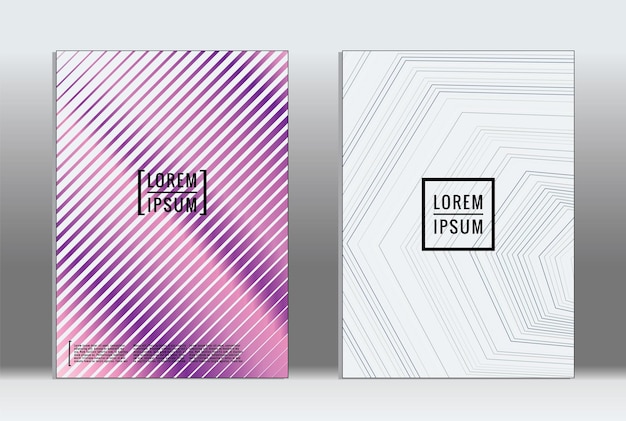Cartel mínimo. Cubierta geométrica vectorial. Plantilla de informe de moda hipster. Conjunto de folletos de diseño gráfico con gradiente de línea futurista. Diseños minimalistas de moda. Carteles a rayas. Conjunto de diseño de pancartas retro.