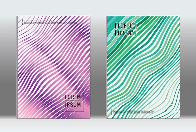Cartel mínimo. Cubierta geométrica vectorial. Plantilla de informe de moda hipster. Conjunto de folletos de diseño gráfico con gradiente de línea futurista. Diseños minimalistas de moda. Carteles a rayas. Conjunto de diseño de pancartas retro.