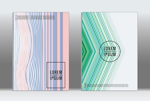 Cartel mínimo. Cubierta geométrica vectorial. Plantilla de informe de moda hipster. Conjunto de folletos de diseño gráfico con gradiente de línea futurista. Diseños minimalistas de moda. Carteles a rayas. Conjunto de diseño de pancartas retro.