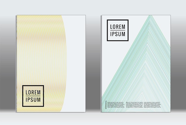 Cartel mínimo. Cubierta geométrica vectorial. Plantilla de informe de moda hipster. Conjunto de folletos de diseño gráfico con gradiente de línea futurista. Diseños minimalistas de moda. Carteles a rayas. Conjunto de diseño de pancartas retro.