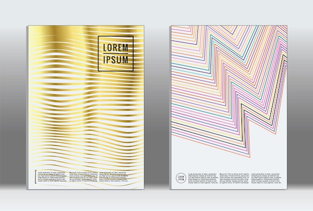 Cartel mínimo. Cubierta geométrica vectorial. Plantilla de informe de moda hipster. Conjunto de folletos de diseño gráfico con gradiente de línea futurista. Diseños minimalistas de moda. Carteles a rayas. Conjunto de diseño de pancartas retro.