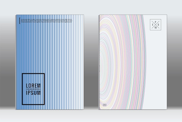 Cartel mínimo. Cubierta geométrica vectorial. Plantilla de informe de moda hipster. Conjunto de folletos de diseño gráfico con gradiente de línea futurista. Diseños minimalistas de moda. Carteles a rayas. Conjunto de diseño de pancartas retro.