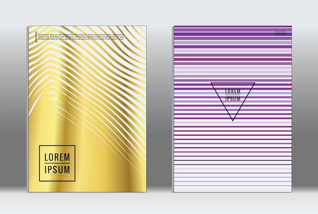 Cartel mínimo. Cubierta geométrica vectorial. Plantilla de informe de moda hipster. Conjunto de folletos de diseño gráfico con gradiente de línea futurista. Diseños minimalistas de moda. Carteles a rayas. Conjunto de diseño de pancartas retro.