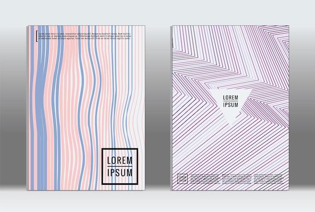 Cartel mínimo. Cubierta geométrica vectorial. Plantilla de informe de moda hipster. Conjunto de folletos de diseño gráfico con gradiente de línea futurista. Diseños minimalistas de moda. Carteles a rayas. Conjunto de diseño de pancartas retro.