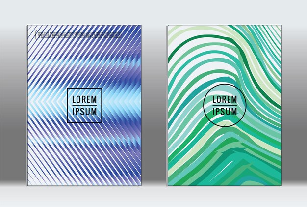 Cartel mínimo. Cubierta geométrica vectorial. Plantilla de informe de moda hipster. Conjunto de folletos de diseño gráfico con gradiente de línea futurista. Diseños minimalistas de moda. Carteles a rayas. Conjunto de diseño de pancartas retro.