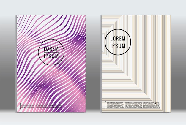 Cartel mínimo. Cubierta geométrica vectorial. Plantilla de informe de moda hipster. Conjunto de folletos de diseño gráfico con gradiente de línea futurista. Diseños minimalistas de moda. Carteles a rayas. Conjunto de diseño de pancartas retro.