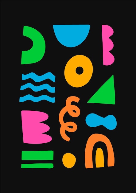 Cartel moderno de formas abstractas brillantes en negro, Ilustración de vector de fondo geométrico Funky