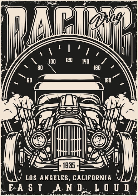 Vector cartel monocromático vintage de carreras de autos personalizados.