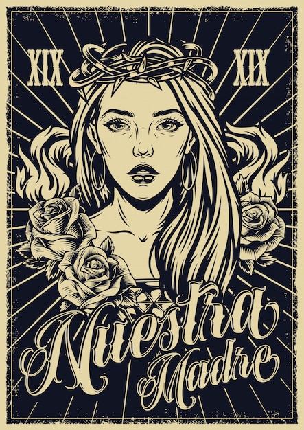 Cartel monocromo vintage estilo tatuaje de chicano