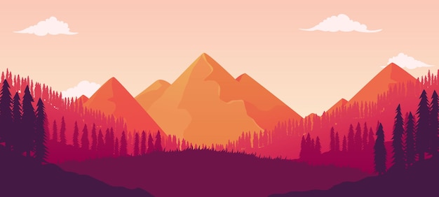Un cartel para una montaña con una puesta de sol en el fondo