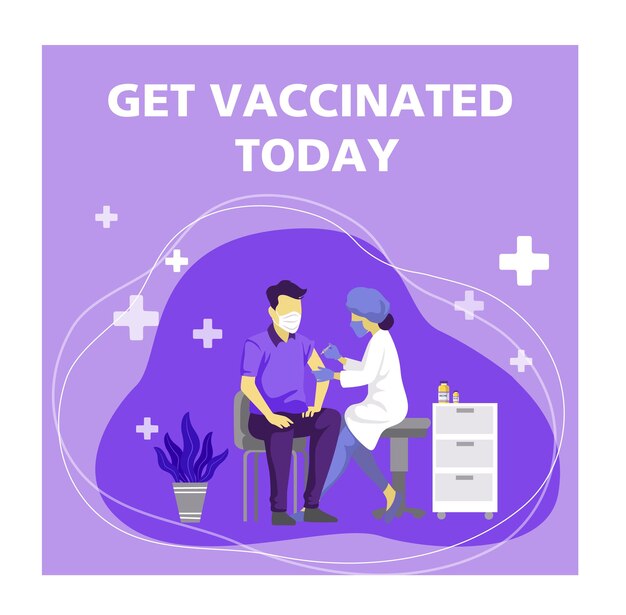 Cartel morado que dice vacunarse hoy.