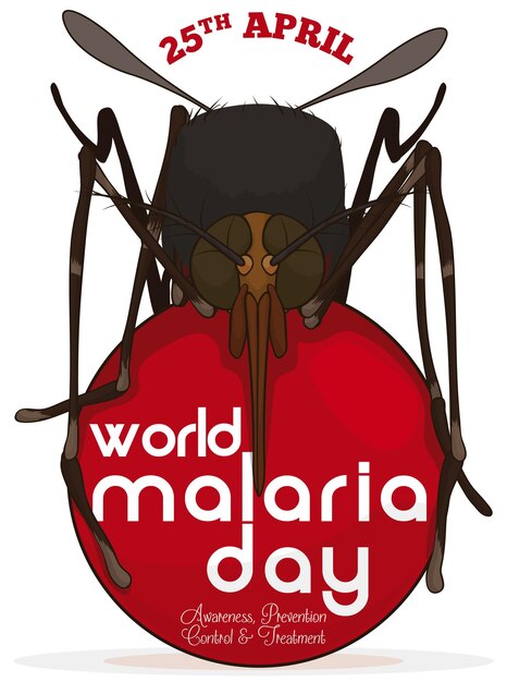 Vector cartel con un mosquito en un botón redondo sangriento para conmemorar el día mundial de la malaria el 25 de abril