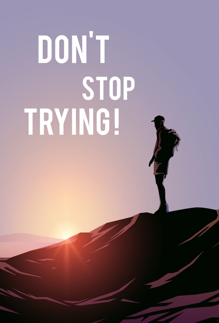Vector cartel de motivación ilustración. un hombre se para en la cima de la montaña y mira el atardecer.