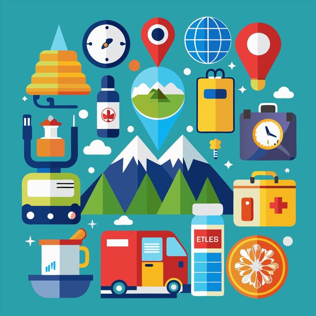 un cartel con muchas cosas, incluida una montaña y una tabla de nieve
