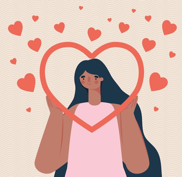 Cartel de mujer amorosa con corazones