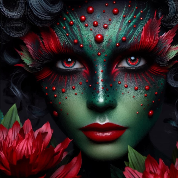Vector un cartel de una mujer con una cara verde y flores rojas