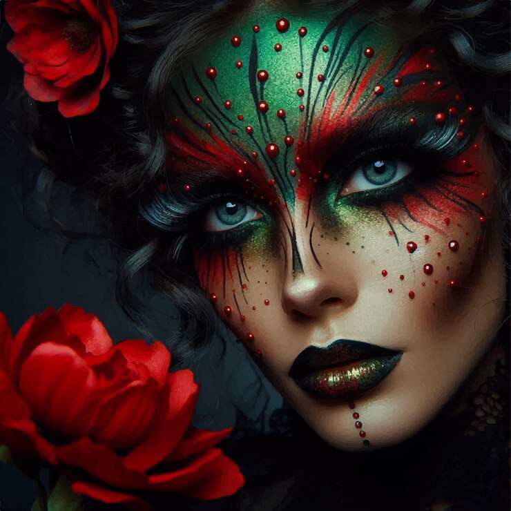 Vector un cartel de una mujer con una cara verde y flores rojas