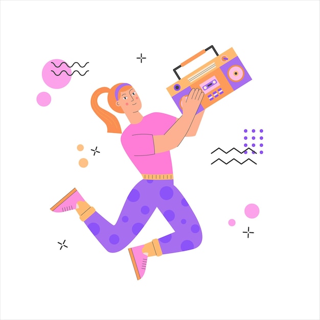 Vector un cartel con una mujer haciendo boombox aeróbico ilustración conceptual de moda de los años 70 y 80 traje deportivo retro fiesta disco moda de estilo antiguo ilustración vectorial aislada