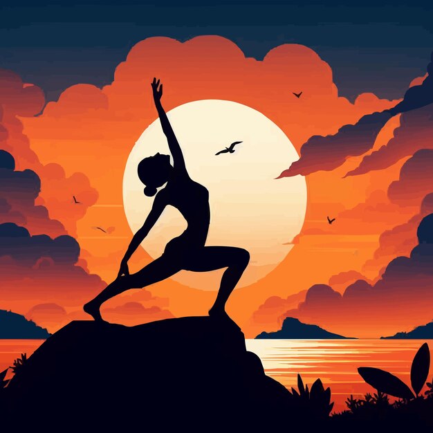 Vector un cartel para una mujer haciendo yoga en una roca con la luna en el fondo