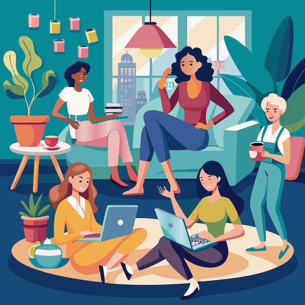 un cartel de mujeres trabajando en sus portátiles en una habitación con una imagen de un grupo de personas