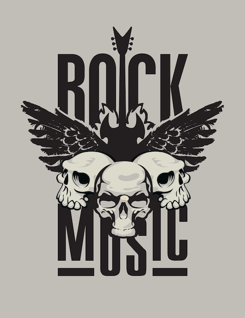 Vector cartel de música rock con guitarra y calaveras