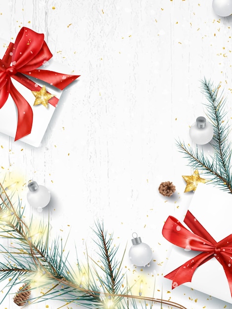 Vector cartel de navidad de año nuevo con cajas de regalo y guirnaldas con rama de abeto. fondo festivo para diseño web, postales, invitaciones e impresiones.