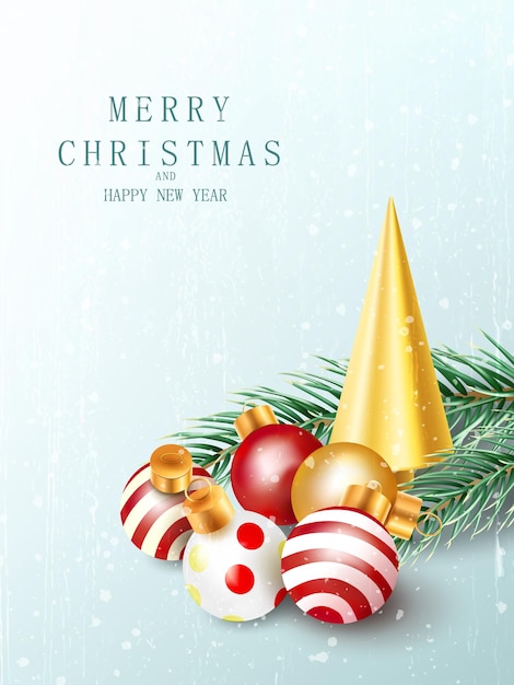 Cartel de Navidad y año nuevo con ramas de árboles de Navidad y bolas. Fondo de vector realista para invitaciones de diseño, tarjetas y web