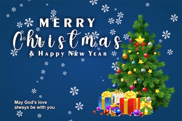 un cartel para Navidad con un árbol de Navidad y regalos