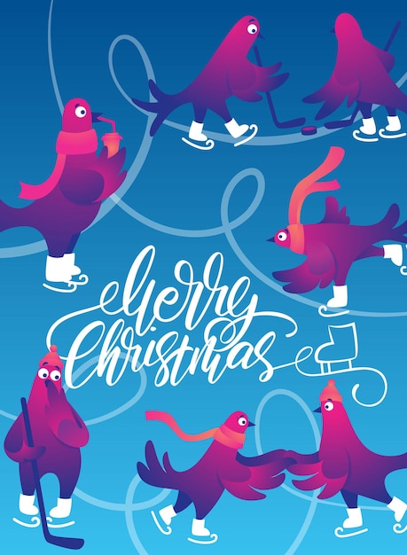 Cartel de navidad brillante con divertidas palomas letras manuscritas feliz navidad divertidas palomas en patines