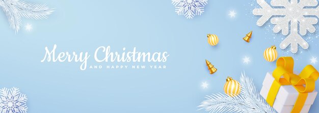 Cartel de Navidad con brillantes copos de nieve regalos y otros elementos en un fondo azul