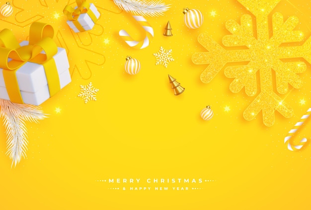 Cartel de Navidad con copos de nieve amarillos brillantes regalos y otros elementos