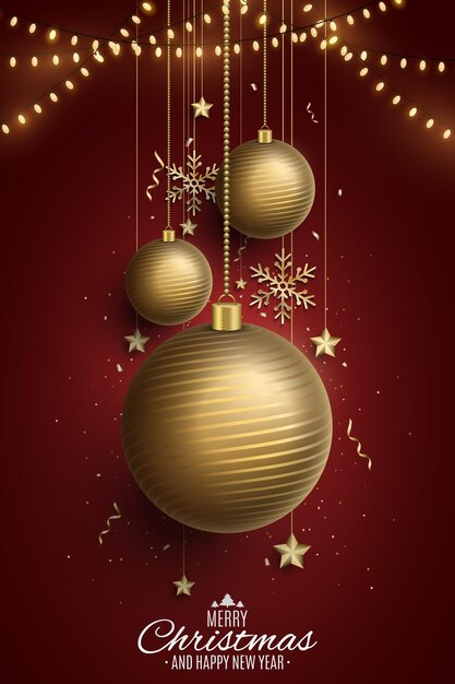 Vector cartel de navidad con decoraciones doradas de bolas colgantes brillantes confeti copos de nieve estrellas y guirnalda brillante feliz año nuevo estandarte ilustración vectorial eps 10