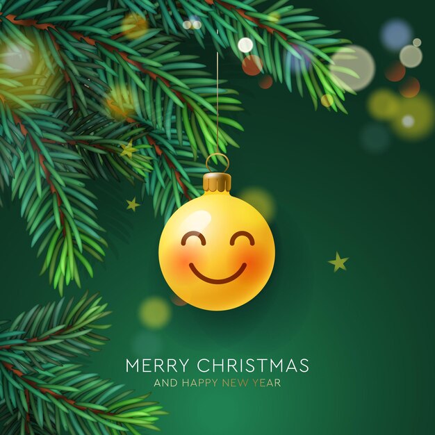 Vector el cartel de navidad con el emoji de la pelota de navidad, la cara sonriente colgando en el vector de árbol de pino y abeto exuberante de navidad