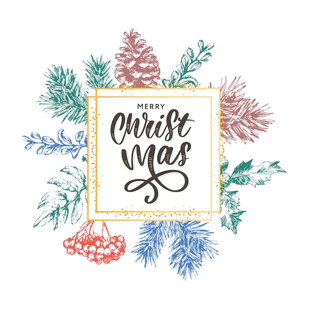 Cartel de Navidad - Ilustración. Ilustración de letras de marco de Navidad con ramas de árbol de Navidad.