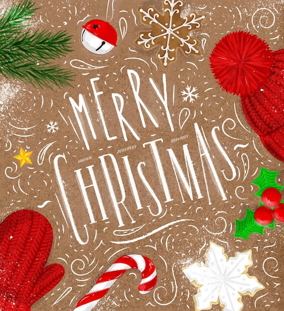 Cartel de navidad letras feliz navidad dibujo en estilo vintage en artesanía