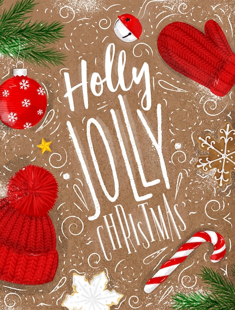 Vector cartel de navidad letras holly jolly christmas dibujo en estilo vintage en artesanía