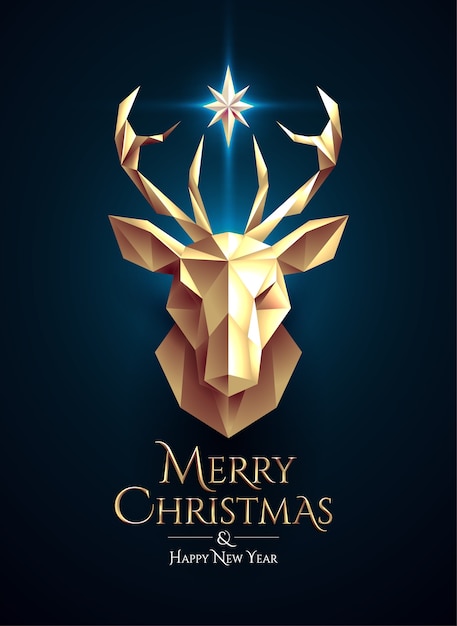 Cartel navideño con cabeza de ciervo dorado de baja poli y estrella brillante entre cuernos