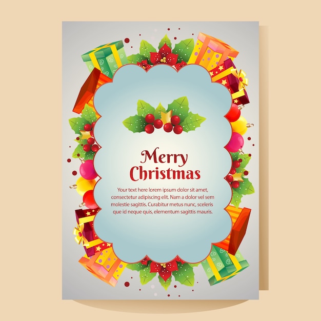 Cartel navideño con cuadro adornado y presente de poinsettia.