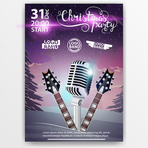 Cartel navideño de fiesta navideña con paisaje invernal y guitarras.