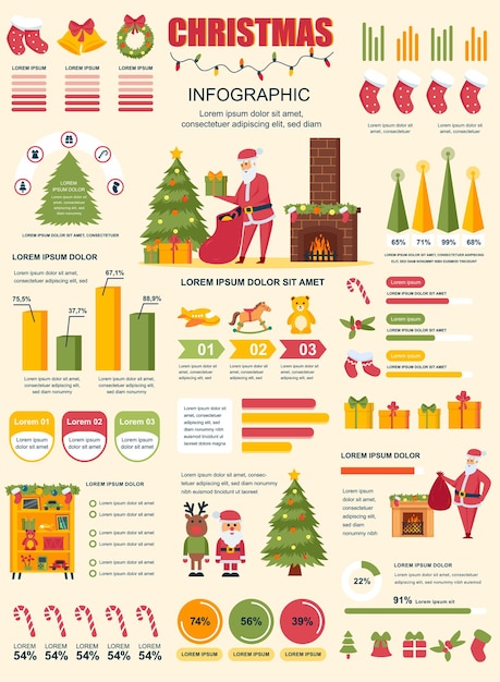 Vector cartel navideño con plantilla de elementos infográficos en estilo plano