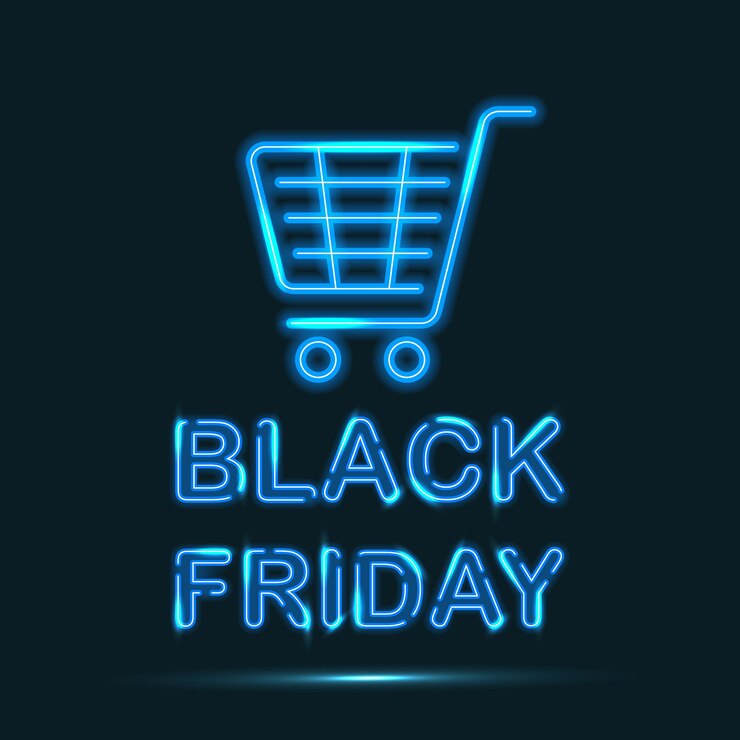 Vector cartel de neón azul de viernes negro con carro sobre fondo oscuro