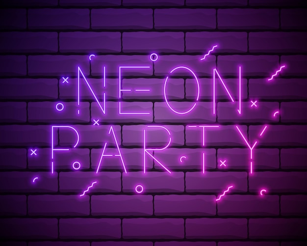 Cartel de neón de fiesta nocturna Banner brillante club discoteca Dj divertido baile música de verano volante de invitación aislado en pared de ladrillo