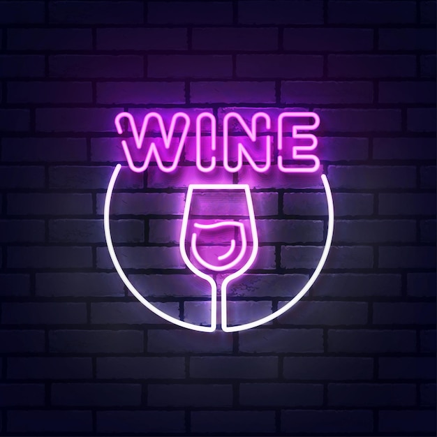 Cartel de neón de vino, letrero luminoso, banner de luz. Copa de vino logo neón, emblema. Ilustración de vector de letrero de neón de vino, letrero luminoso, banner de luz. Copa de vino logo neón, emblema. Ilustración vectorial