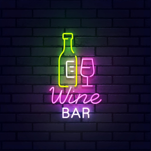 Cartel de neón de vino letrero luminoso banner de luz logotipo de bar de vinos emblema de neón ilustración vectorial