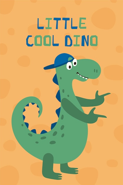 Cartel para niños con dinosaurio divertido en una gorra en estilo de dibujos animados vector