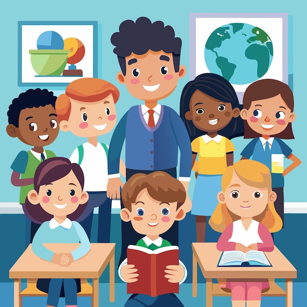 un cartel de niños leyendo un libro con un mapa del mundo en el fondo