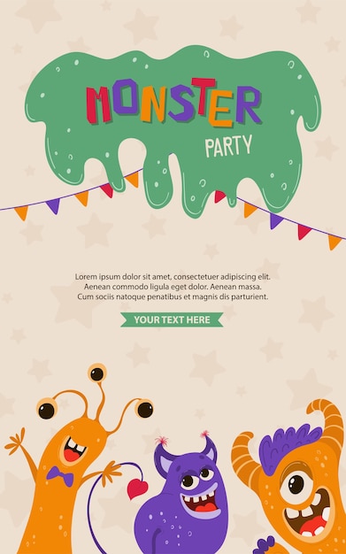 Vector cartel de niños lindos con monstruos en estilo de dibujos animados. plantilla de invitación a fiesta con personajes divertidos. tarjeta de felicitación para unas vacaciones, cumpleaños.
