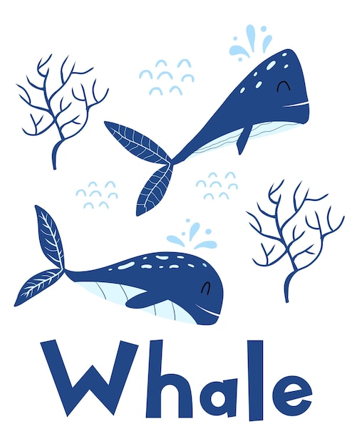 Cartel para niños con postal de dos ballenas azules con lindas ballenas y letras adecuadas para impresiones po