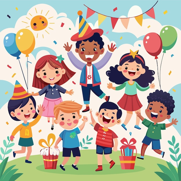 un cartel de niños con un sombrero de cumpleaños y una caja con un Sombrero de aniversario en él